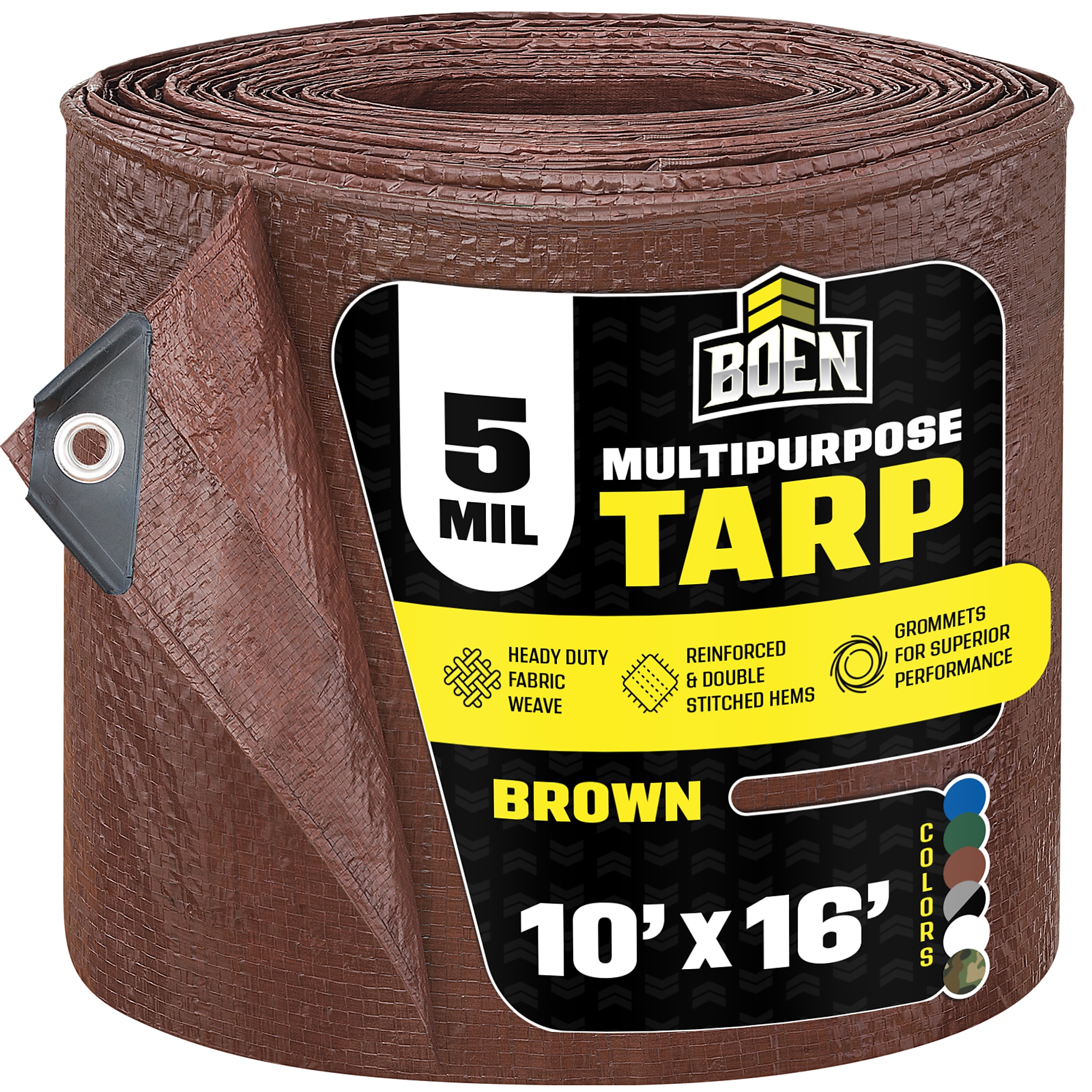 Boen 10 ft x 16 ft Brown Poly Tarp, 5 Mil Waterproof Multipurpose Tarps, Rope Hem, Reinforced Corners, Grommets Every 36 in, Outdoor Camping Yard Equipment